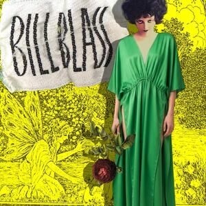 Vintage Early 1970s Bill Blass Couture Green Drape Front Kaftan Gown OOAK OSFM